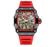 DAXIAOYU Fashion Tonneau Automatikuhr für Herren, Vintage, Doppel-Tourbillon, ausgehöhlte Uhren, wasserdicht, leuchtend, sportlich, mechanische Armbanduhr, rot, Luxuriös