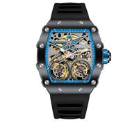 DAXIAOYU Fashion Tonneau Automatikuhr für Herren, Vintage, Doppel-Tourbillon, ausgehöhlte Uhren, wasserdicht, leuchtend, sportlich, mechanische Armbanduhr, schwarz blau, Luxuriös