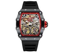 DAXIAOYU Fashion Tonneau Automatikuhr für Herren, Vintage, Doppel-Tourbillon, ausgehöhlte Uhren, wasserdicht, leuchtend, sportlich, mechanische Armbanduhr, Schwarz Rot, Luxuriös