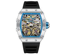 DAXIAOYU Fashion Tonneau Automatikuhr für Herren, Vintage, Doppel-Tourbillon, ausgehöhlte Uhren, wasserdicht, leuchtend, sportlich, mechanische Armbanduhr, silber, blau, Luxuriös