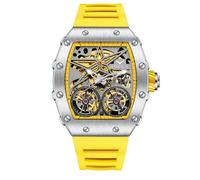 DAXIAOYU Fashion Tonneau Automatikuhr für Herren, Vintage, Doppel-Tourbillon, ausgehöhlte Uhren, wasserdicht, leuchtend, sportlich, mechanische Armbanduhr, gelb, Luxuriös