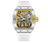 DAXIAOYU Fashion Tonneau Automatikuhr für Herren, Vintage, Doppel-Tourbillon, ausgehöhlte Uhren, wasserdicht, leuchtend, sportlich, mechanische Armbanduhr, Silber Gelb, Luxuriös