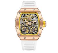 DAXIAOYU Fashion Tonneau Automatikuhr für Herren, Vintage, Doppel-Tourbillon, ausgehöhlte Uhren, wasserdicht, leuchtend, sportlich, mechanische Armbanduhr, Roségelb, Luxuriös