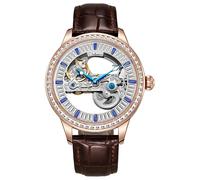 DAXIAOYU Fashion Trend Zirkon Zifferblatt Skelett Herren Mechanische Uhren Strass Lünette Edelstahlband Wasserdicht Uhr Luxus Sport Automatik Armbanduhr, Braun/Rotgold, Luxuriös