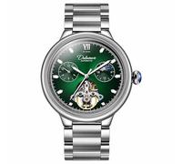 DAXIAOYU Herren-Armbanduhr, automatisch, mechanisch, hohles Skelett, Tourbillon, selbstaufziehend, Mondphasenuhr für Herren, großes Zifferblatt, Edelstahl, Saphirkrone, Herrenuhren, Silber-Grün,