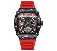 DAXIAOYU Herren Sport Stil Tonneau Automatische Selbstaufzug Mechanische Uhr Drehbares Schwungrad Hohl Professionelle Uhr mit Silikonband Wasserdicht Leuchtende Business Uhren, Rot/Ausflug, einfarbig