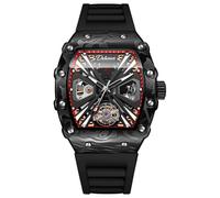 DAXIAOYU Herren Sport Stil Tonneau Automatische Selbstaufzug Mechanische Uhr Drehbares Schwungrad Hohl Professionelle Uhr mit Silikonband Wasserdicht Leuchtende Business Uhren, Schwarz/Red, Business