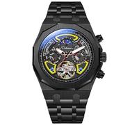 DAXIAOYU Herren Sport Tourbillon Automatik Mechanische Uhren Multifunktions Zifferblatt Mondphase Woche Datum Anzeige Uhr Edelstahl Gehäuse Gummiband Leuchtende Uhren, Schwarz / Gelb, Luxuriös