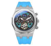 DAXIAOYU Herren Sport Tourbillon Automatik Mechanische Uhren Multifunktions Zifferblatt Mondphase Woche Datum Anzeige Uhr Edelstahl Gehäuse Gummiband Leuchtende Uhren, Blau, Luxuriös