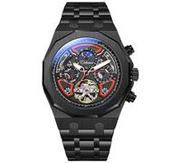 DAXIAOYU Herren Sport Tourbillon Automatik Mechanische Uhren Multifunktions Zifferblatt Mondphase Woche Datum Anzeige Uhr Edelstahl Gehäuse Gummiband Leuchtende Uhren, Schwarz Rot, Luxuriös