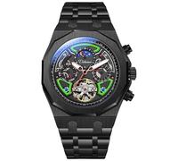 DAXIAOYU Herren Sport Tourbillon Automatik Mechanische Uhren Multifunktions Zifferblatt Mondphase Woche Datum Anzeige Uhr Edelstahl Gehäuse Gummiband Leuchtende Uhren, Schwarz Grün, Luxuriös