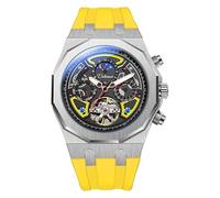 DAXIAOYU Herren Sport Tourbillon Automatik Mechanische Uhren Multifunktions Zifferblatt Mondphase Woche Datum Anzeige Uhr Edelstahl Gehäuse Gummiband Leuchtende Uhren, gelb, Luxuriös