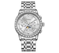 DAXIAOYU Herrenmode Edelstein Lünette Automatische Mechanische Uhr Mondphase Edelstahl Luxus Armbanduhr Wasserdicht Leuchtende Wochenkalender Display Uhren, silber, Luxuriös