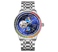 DAXIAOYU Herrenuhr, modisch, Sternenhimmel, Zifferblatt, mechanisch, Handaufzug, Lederband, lässig, Mondphase, Tourbillon, Automatikuhren, Silber 2, Retro