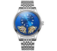 DAXIAOYU Klassische römische Ziffern Herren Mechanische Automatikuhren Luxus Hohles Skelett Doppel Fliegendes Rad Zifferblatt Design Uhr Wasserdicht Business Tourbillon Armbanduhr, silber, blau
