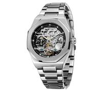 DAXIAOYU Lässige automatische mechanische Uhr, 3D-Diamant-Skelett, hohl, Herren-Armbanduhr, leuchtendes Tourbillon-Edelstahlarmband, silber, schwarz, Business