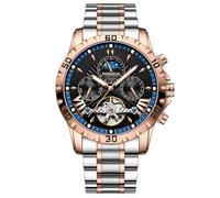 DAXIAOYU Luxuriöse automatische mechanische Uhr für Herren, hohl, Tourbillon, wasserdicht, leuchtend, Datum, Woche, Multifunktions-Edelstahl-Herrenuhren, roségold blau, Luxuriös