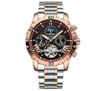 DAXIAOYU Luxuriöse automatische mechanische Uhr für Herren, hohl, Tourbillon, wasserdicht, leuchtend, Datum, Woche, Multifunktions-Edelstahl-Herrenuhren, Rotgold, Rot, Luxuriös