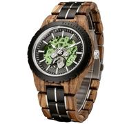 DAXIAOYU Luxuriöse hölzerne ausgehöhlte Skelett-Automatikuhren für Herren, Perspektiven-Ganguhr, Leuchtzeiger, Holz und Edelstahl-Armbanduhr, braun grün, Casual