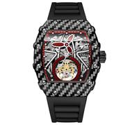 DAXIAOYU Luxuriöse hohle Skelett-Tourbillon-Armbanduhr Militär Automatik Mechanische Herrenuhren Wasserdicht Leuchtende Mode Tonneau Silikonband Uhr, Schwarz Rot, Luxuriös