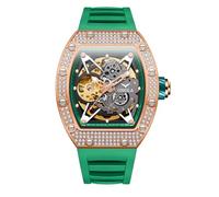 DAXIAOYU Luxuriöse, modische Volldiamant-Automatik-mechanische Uhr für Herren, einzigartiges ausgehöhltes Zifferblatt, wasserdichtes Silikonband, Grüne Rose, Luxuriös