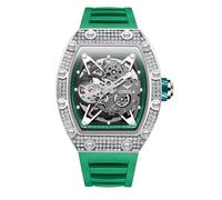 DAXIAOYU Luxuriöse, modische Volldiamant-Automatik-mechanische Uhr für Herren, einzigartiges ausgehöhltes Zifferblatt, wasserdichtes Silikonband, Grün Silber, Luxuriös