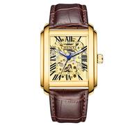 DAXIAOYU Luxuriöse quadratische Automatikuhren aus echtem Leder für Herren, Business, wasserdicht, ausgehöhltes Skelett, mechanische Armbanduhr, Braun, Gold, Luxuriös