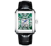 DAXIAOYU Luxuriöse quadratische Automatikuhren aus echtem Leder für Herren, Business, wasserdicht, ausgehöhltes Skelett, mechanische Armbanduhr, Schwarz Grün, Luxuriös