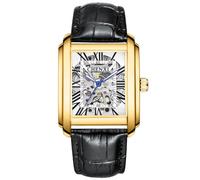 DAXIAOYU Luxuriöse quadratische Automatikuhren aus echtem Leder für Herren, Business, wasserdicht, ausgehöhltes Skelett, mechanische Armbanduhr, Goldweiß, Luxuriös