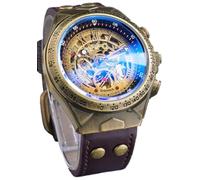 DAXIAOYU Luxuriöse Skelett-Steampunk-Uhr für Herren, 3D-Retro, römische Zifferblatt, Sport, Vintage, Bronze-Lünette, Leder, automatische mechanische Armbanduhr, Braungold, Luxuriös