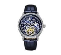 DAXIAOYU Mechanische Herren-Armbanduhr, leuchtendes Sternenhimmel, großes Zifferblatt, modische Automatik-Armbanduhr, Lederband, luxuriöse Skelett-Tourbillon-Uhr, Blau