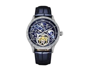 DAXIAOYU Mechanische Herren-Armbanduhr, leuchtendes Sternenhimmel, großes Zifferblatt, modische Automatik-Armbanduhr, Lederband, luxuriöse Skelett-Tourbillon-Uhr, Blau
