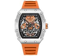 DAXIAOYU Mechanische Herrenuhr in Weinfassform, hohl, Skelett, mit leuchtendem großem Zifferblatt und wasserdichtem Silikon, Business-Automatik-Armbanduhr, Silber-Orange, Sportlich