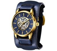 DAXIAOYU Modische automatische mechanische Herrenuhr, hohles Skelett-Zifferblatt, wasserdicht, echtes Leder, Handgelenkschutz, Armband, Sport, Business-Uhren, Goldfarben/Blau, Business
