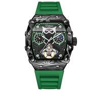 DAXIAOYU Modische Eule Skelett Automatikuhr für Herren Tourbillon Mechanische Armbanduhr Leuchtende Mondphasen Gummiband Sport Business Uhren, Grün , Luxuriös