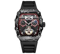DAXIAOYU Modische Eule Skelett Automatikuhr für Herren Tourbillon Mechanische Armbanduhr Leuchtende Mondphasen Gummiband Sport Business Uhren, Schwarz Rot, Luxuriös