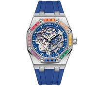 DAXIAOYU Modische Herren-Armbanduhr mit Regenbogen-Diamant-Lünette, luxuriöses Skelett, hohl, automatisch, selbstaufziehend, mechanische Uhr, Silikonband, wasserdicht, leuchtende Uhren, Silber-Blau,