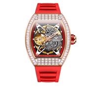 DAXIAOYU Modische quadratische Diamant-automatische mechanische Uhr für Herren, doppelseitige hohle Skelett-Uhren, Silikonarmband, wasserdicht, leuchtend, Business-Luxus-Armbanduhr, Rosenrot, Luxuriös