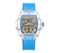 DAXIAOYU Modische, transparente Gehäuse, automatische mechanische Uhren für Herren, hohles Skelett, doppeltes Flugrad, einzigartige Uhr, wasserdichtes Silikonband, Herren-Armbanduhr, Blau, Luxuriös