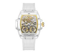 DAXIAOYU Modische, transparente Gehäuse, automatische mechanische Uhren für Herren, hohles Skelett, doppeltes Flugrad, einzigartige Uhr, wasserdichtes Silikonband, Herren-Armbanduhr, Weiß / Gelb