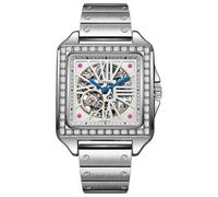 DAXIAOYU Quadratische Diamant-Intarsien-Design, Herren, automatische mechanische Uhr, modisch, ausgehöhltes Zifferblatt, luxuriös, wasserdicht, Business-Armbanduhr, Silber, Weiß, Luxuriös