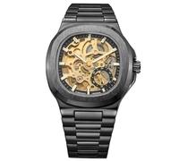 DAXIAOYU Quadratische, runde Form, ausgehöhltes Skelett, automatische mechanische Herrenuhr, Edelstahl, wasserdicht, leuchtend, luxuriös, Business-Uhren, Schwarz Gold, Luxuriös