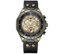 DAXIAOYU Retro-Bronze-Lünette, automatische mechanische Uhren für Herren, luxuriöse Steampunk-Skelett-Uhr, 3D-Vintage-Zifferblatt, leuchtendes Echtlederarmband, Schwarz, Retro