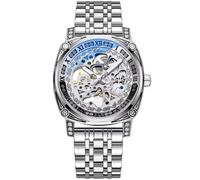 DAXIAOYU Retro geschnitzte Skelett-Herren-Armbanduhr, luxuriös, Vintage, automatische mechanische Uhren, ausgehöhlt, echtes Leder, wasserdicht, leuchtende Armbanduhr, silber, Luxuriös