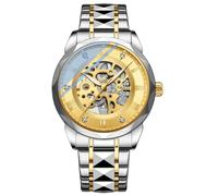 DAXIAOYU Runde goldene Skelett-Automatik-Herrenuhr, graviertes Uhrwerk, römische Skala, Leuchtzeiger, mechanische Uhren, Luxus-Edelstahl-Armbanduhr, Geschenke, Silber, Gold, Luxuriös