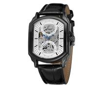 DAXIAOYU Schwarze ausgehöhlte Nagelskala unregelmäßige rechteckige mechanische Uhr Luxus Automatik Selbstaufzug Skelett Zifferblatt Design Herren mechanische Uhr Lederband, Weiss/opulenter Garten,