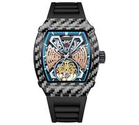 DAXIAOYU Tonneau Case-Design, modische hohle Tourbillon-Herrenuhren, luxuriös, großes Zifferblatt, Skelett, automatische mechanische Uhr, wasserdicht, Gummiarmband, schwarz blau, Luxuriös