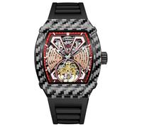 DAXIAOYU Tonneau Case-Design, modische hohle Tourbillon-Herrenuhren, luxuriös, großes Zifferblatt, Skelett, automatische mechanische Uhr, wasserdicht, Gummiarmband, Schwarz Rot, Luxuriös