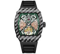 DAXIAOYU Tonneau Case-Design, modische hohle Tourbillon-Herrenuhren, luxuriös, großes Zifferblatt, Skelett, automatische mechanische Uhr, wasserdicht, Gummiarmband, Schwarz Grün, Luxuriös