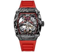 DAXIAOYU Tonneau Herren-Armbanduhr, luxuriöses Design, Sternenskelett, Schwungrad, automatische mechanische Uhr, Präzisions-Imitation, Kohlefaser-Legierung, Gehäuse, wasserdicht, leuchtend, rot,